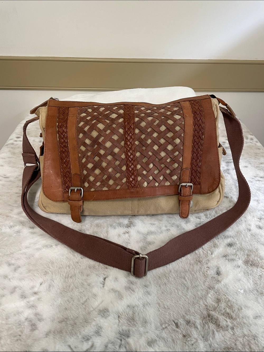 Mo&Co Canvas and Brown Leather Woven Messenger Bag -